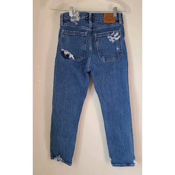 Levi's Wedgie Straight Jeans Sz‎ 26 Button Fly Distressed 90s Retro Boho Logo - Picture 5 of 11